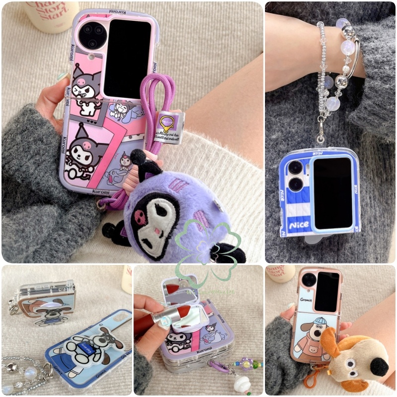 เคสโทรศัพท์มือถือแบบนิ่ม ใส กันกระแทก พร้อมสายคล้องข้อมือ และกระจกแต่งหน้า ลายการ์ตูน สําหรับ OPPO Find N2 N3