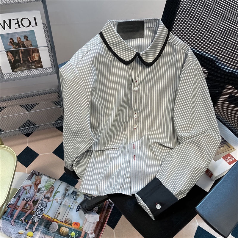 เสื้อเชิ้ตแขนยาวคอตุ๊กตาลายทางฝรั่งเศสฤดูใบไม้ผลิของผู้หญิง