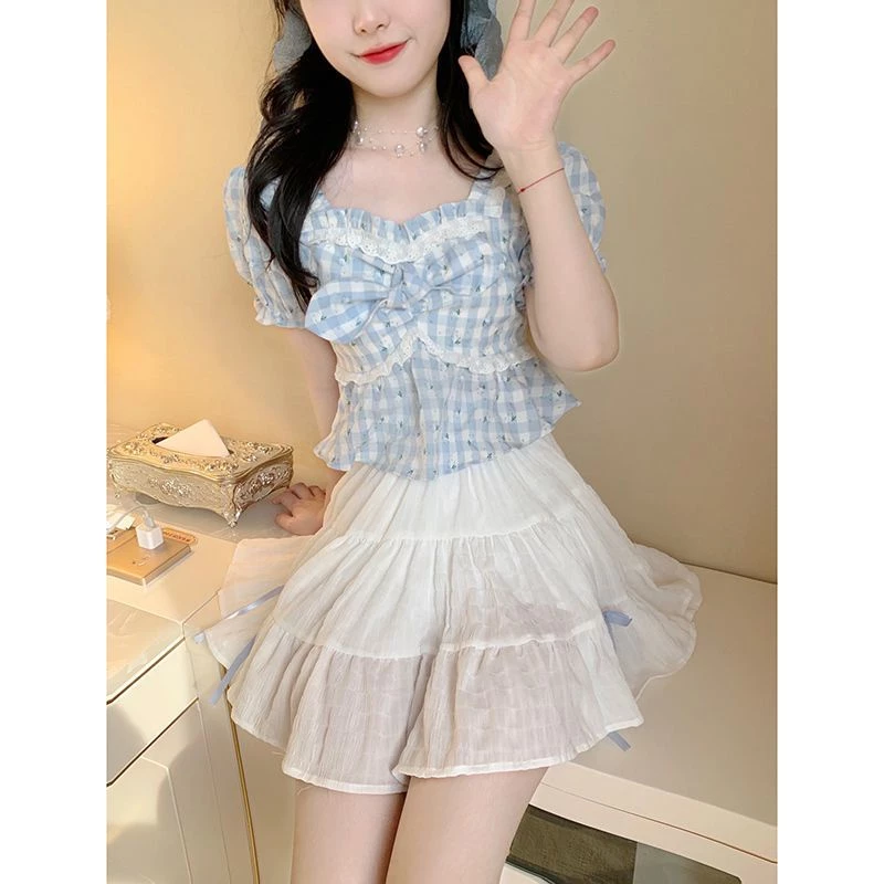 เสื้อเชิ้ตแขนสั้นลายสก๊อตสีฟ้าลายดอกไม้ผูกโบว์ thumbnail 5