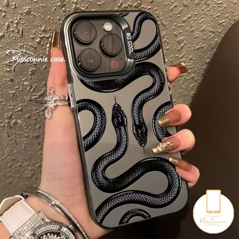 เคสโทรศัพท์มือถือ ชุบโลหะ ลายงู สีดํา หรูหรา สําหรับ IPhone 11 14 15 13 12 Pro Max 7Plus 7 8 Plus XR XS Max X SE 2020