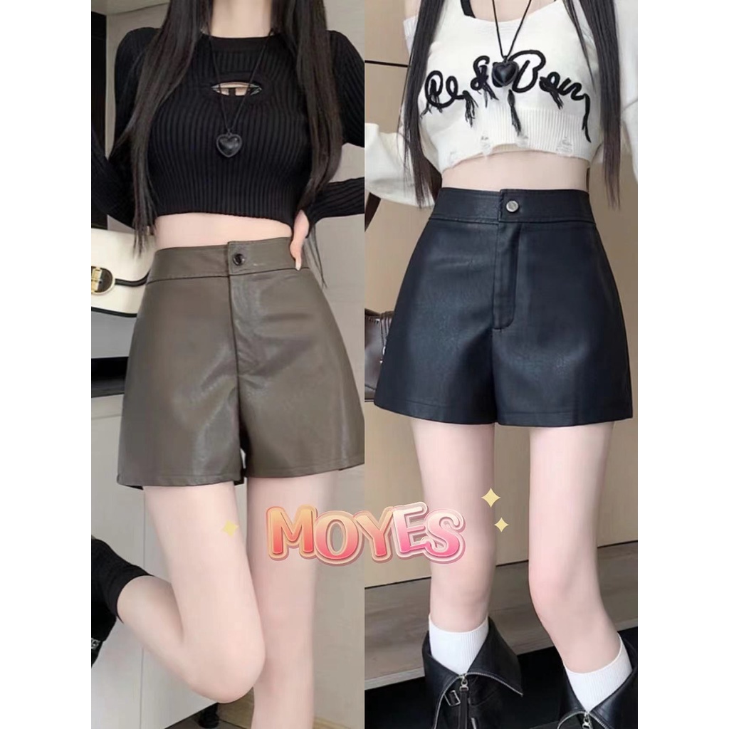 MOYES 💗กางเกงขาสั้นหนัง PU ทรงสลิมฟิตเอวสูงของผู้หญิงกางเกงขาสั้นทรงเอสาวฮอตสไตล์หรูหราระดับไฮเอนด์ใหม่