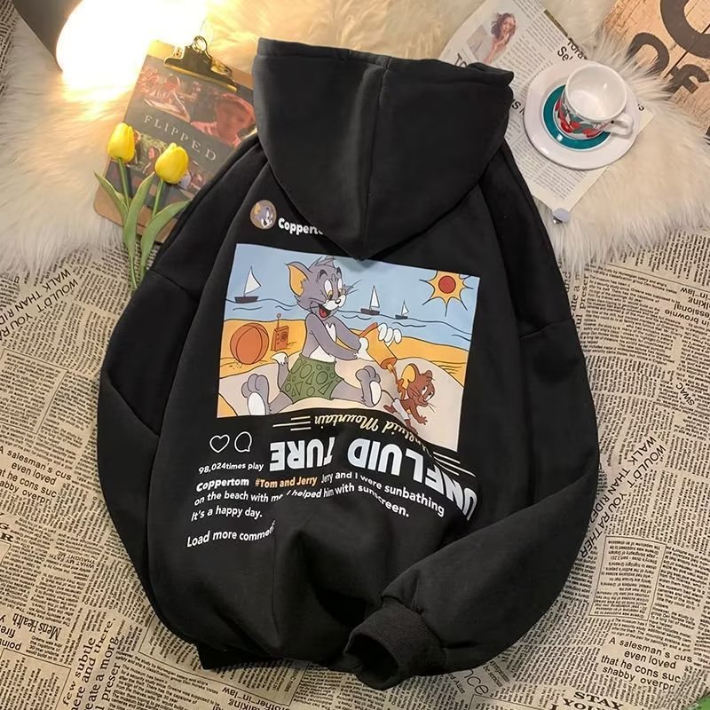 เสื้อกันหนาวแขนยาว มีฮู้ด ผ้ากํามะหยี่ พิมพ์ลาย Tom and Jerry ทรงหลวม แฟชั่นฤดูใบไม้ร่วง สไตล์เกาหลี