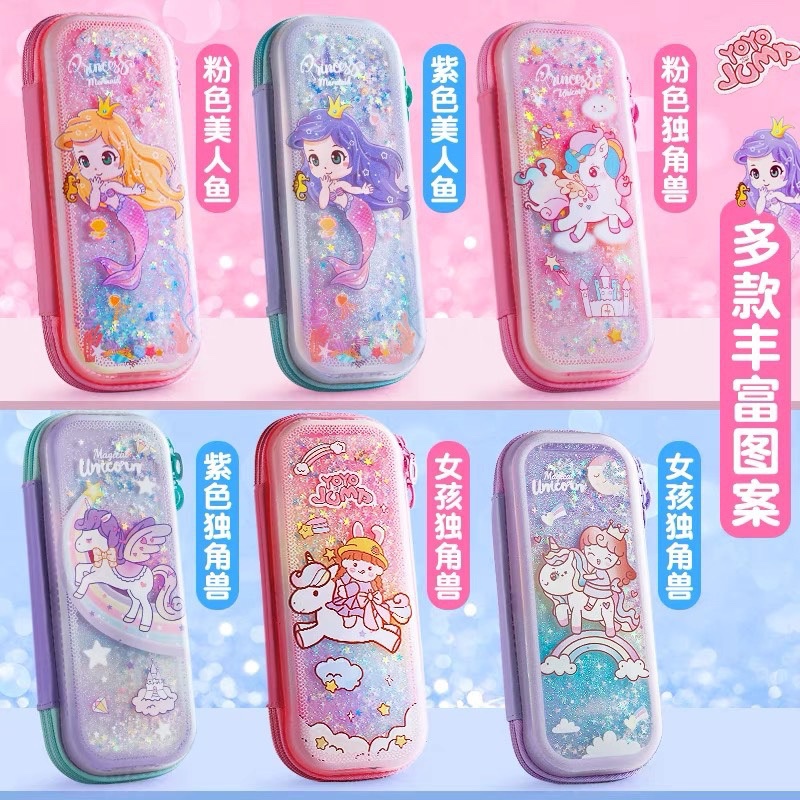 in Stock# Little Spirit Unicorn Cyber Celebrity Style Quicksand Pencil Case Frosted Pencil Case Elementary School Girl Stationery Pencil Case Large Capacity Light 12cc