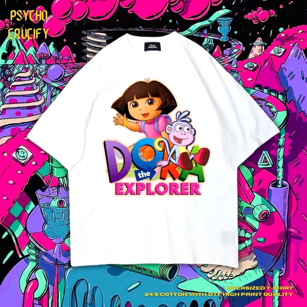 แฟชั่น เสื้อยืด ขนาดใหญ่ พิมพ์ลาย Psycho Crucify "Dora The Explorer" | สีขาว | เสื้อยืด พิมพ์ลาย Dor