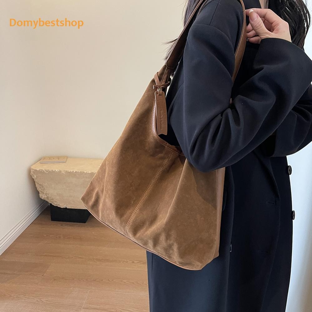 Women Suede Hobo Bag Magnetic Closed Shoulder Bag Retro Handbag for Work Travel [Domybestshop.th]