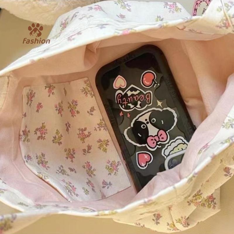 [แฟชั่น] ความจุขนาดใหญ่ Fragmented Flowers Pattern Tote Bag Fashion Sweet With Lace Bow Storage Handbags Canvas Handbag {TH}