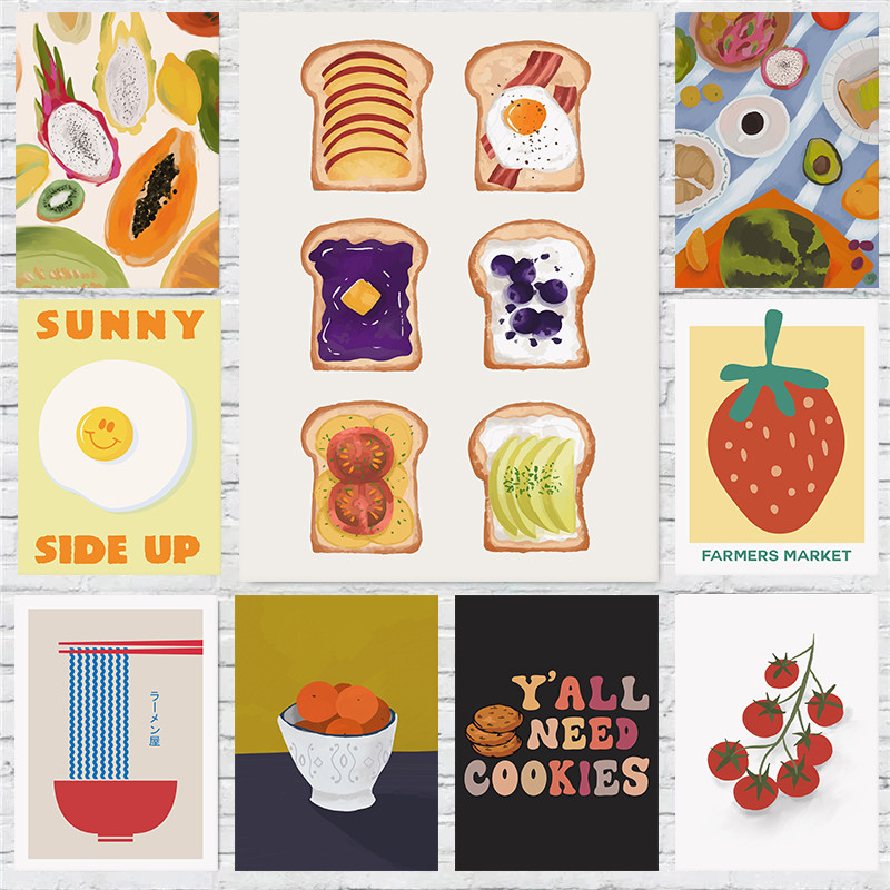 Ramen Strawberry Breakfast Eggs Tropical Oranges Fruits Toast โปสเตอร์พิมพ์ภาพภาพวาดผ้าใบ