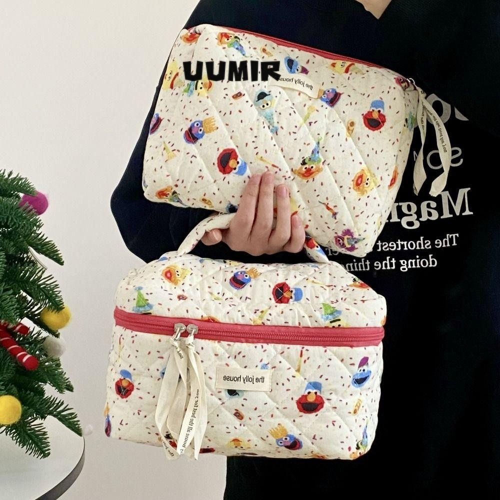 Uumir กระเป๋าแต่งหน้า, Sesames Street Quilting กระเป๋าเครื่องสําอางผ้าฝ้าย, การ์ตูนน่ารักความจุขนาดใหญ่กระเป๋าเครื่องเขียนมัลติฟังก์ชั่นเดินทาง