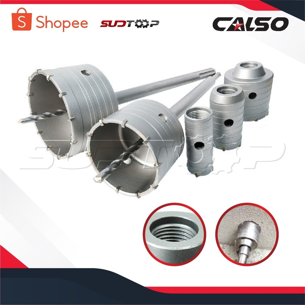 CALSO โฮลซอเจาะคอนกรีต ดอกโฮลซอเจาะปูน ติดคาร์ไบด์ แกน SDS Plus ใช้กับสว่านโรตารี่ [ มีขนาด 30 mm-150 mm พร้อมแกน ]