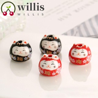 Willis ลูกปัดเซรามิค พอร์ซเลน พร้อมรู ลายแมวอวยพรน่ารัก สีสันสดใส สําหรับทําเครื่องประดับ 2 ชิ้น