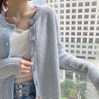 CHERISH เสื้อคลุม(พร้อมส่ง) ครอปแขนยาว สีฟ้า หวานน่ารัก คาร์ดิแกนเกาหลี Women Cardigan baby blue