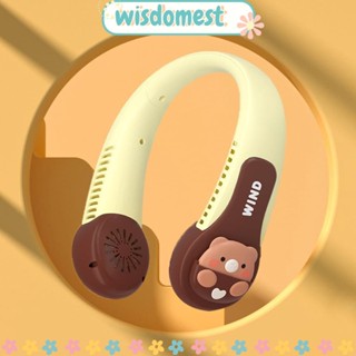 WISDOMEST พัดลมคล้องคอ แบบไร้ใบพัด ขนาดเล็ก สามารถปรับได้ ลายการ์ตูน แฟชั่นฤดูร้อน