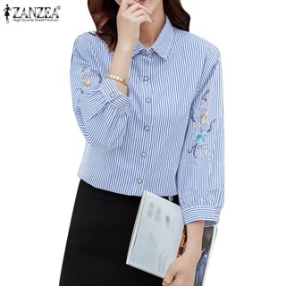 Zanzea เสื้อเชิ้ต คอปก แขน 3/4 ปักลายทาง สไตล์เกาหลี สําหรับผู้หญิง