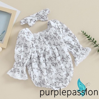 Purplepassion- ชุดรอมเปอร์แขนยาว ลายดอกไม้ แต่งลูกไม้ และที่คาดผม น่ารัก สําหรับเด็กทารกผู้หญิง 2 ชิ้น