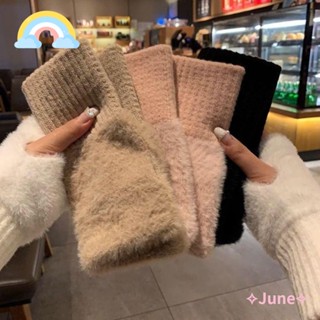 June ถุงมือ ผ้าขนแกะถัก แบบหนา กันลม ให้ความอบอุ่น แฟชั่นสําหรับผู้หญิง ขับขี่