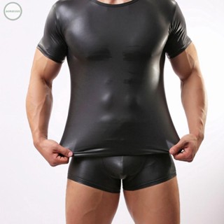 GORGEOUS~Men Wet Look Shiny PU leather Party Costume Short Sleeve Round Neck Lingerie