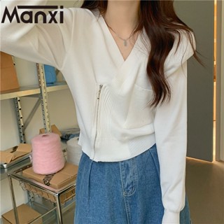 Manxi เสื้อแฟชั่นผู้หญิง เสื้อแขนยาว คลุม ไหมพรม ครอปเสื้อแขนยาว 36Z230908