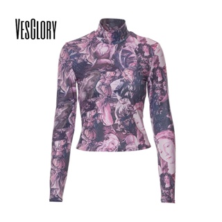 Vesglory เสื้อครอปท็อปแขนยาว คอกลม พิมพ์ลาย สีตัดกัน แฟชั่นสําหรับสตรี 2023