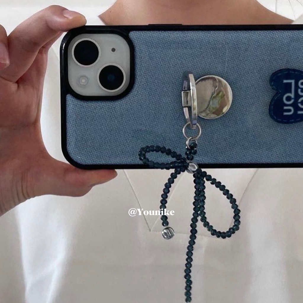 เกาหลี ins Niche Denim รูปแบบโบว์ลูกปัดแหวน 16pro เหมาะสําหรับ iphone13pro/14promax Apple 15/12/11 เคสโทรศัพท์ 16 เคสป้องกัน