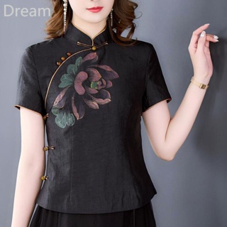 Xiangyun yarn ethnic style womens summer turtle pattern Xiangyun yarn original hand-painted Lotus Chinese style short top