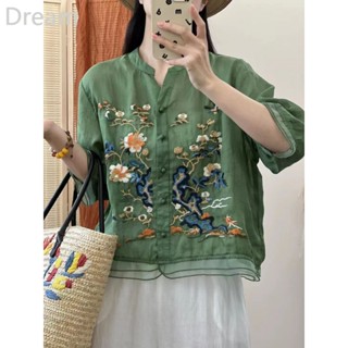 Retro embroidered shirt top summer new heavy industry embroidered buckle high-end cotton and linen shirt shirt