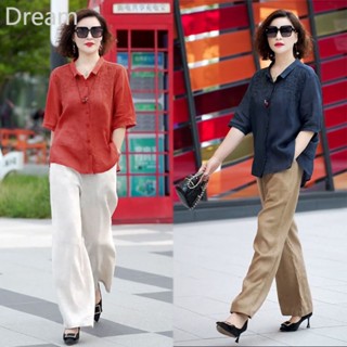 Cotton and linen suit summer new simple all-match embroidered shirt sunscreen shirt loose solid color wide leg pants suit for women