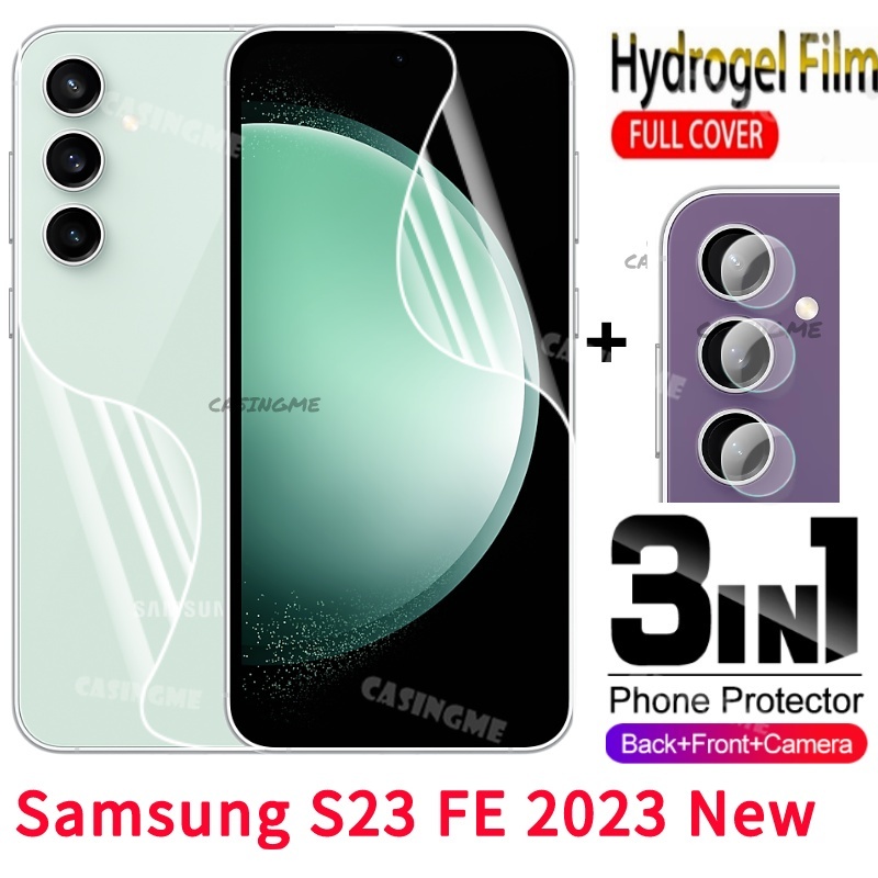 SAMSUNG 3in1 Hydrogelฟิล ์ มสําหรับSamsung S24 FEไม ่ กระจกนิรภัยด ้ านหน ้ าด ้ านหลังเต ็ มปกนุ ่ มป ้ องกันหน ้ าจอด ้ านหลังกล ้ องป ้ องกันHydromeฟิล ์ มSamsung Galaxy S23FE S 23 23S S23 FE Plus
