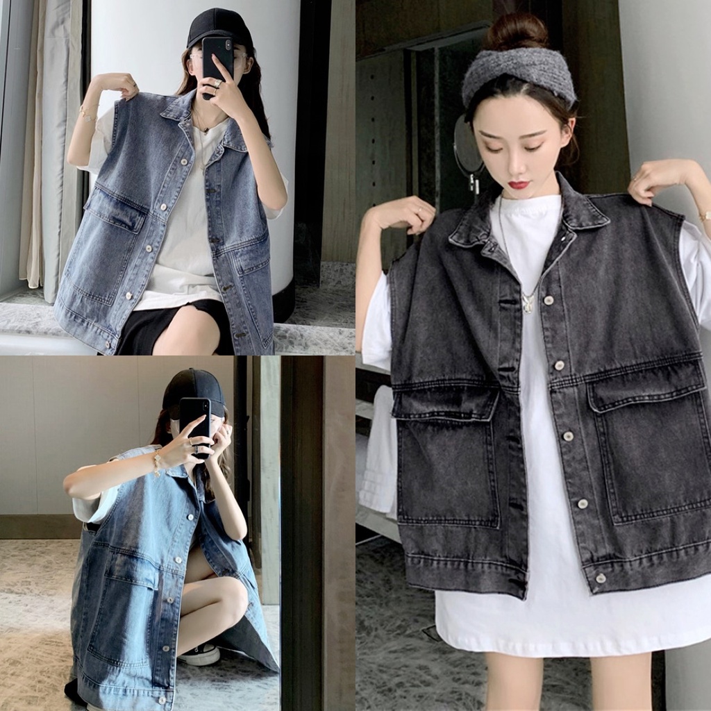 ราคาถูกที่สุด เสื้อแจ็คเก็ต กั๊กยีนส์ทรงใหญ่ แขนกุด มีกระดุม กระเป๋าหน้าใหญ่ 2 สี