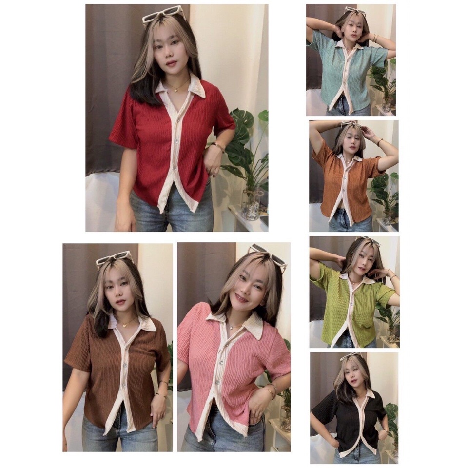 MK59 เสื้อยืดแฟชั่นสาวอวบ เสื้อเชิ๊ต คอปก แขนสั้น ผ้ายืด ทูโทน กระดุมเพชร อก 36-44 นิ้ว เสื้อผ้าไซส์ใหญ่ ผ้าดีใส่สบายมาก