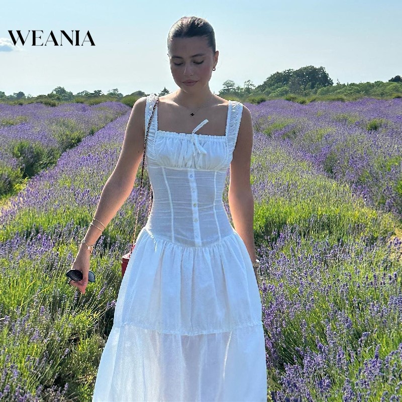 Weania ชุดเดรสยาว คอสี่เหลี่ยม จับจีบ สไตล์วันหยุด สําหรับผู้หญิง