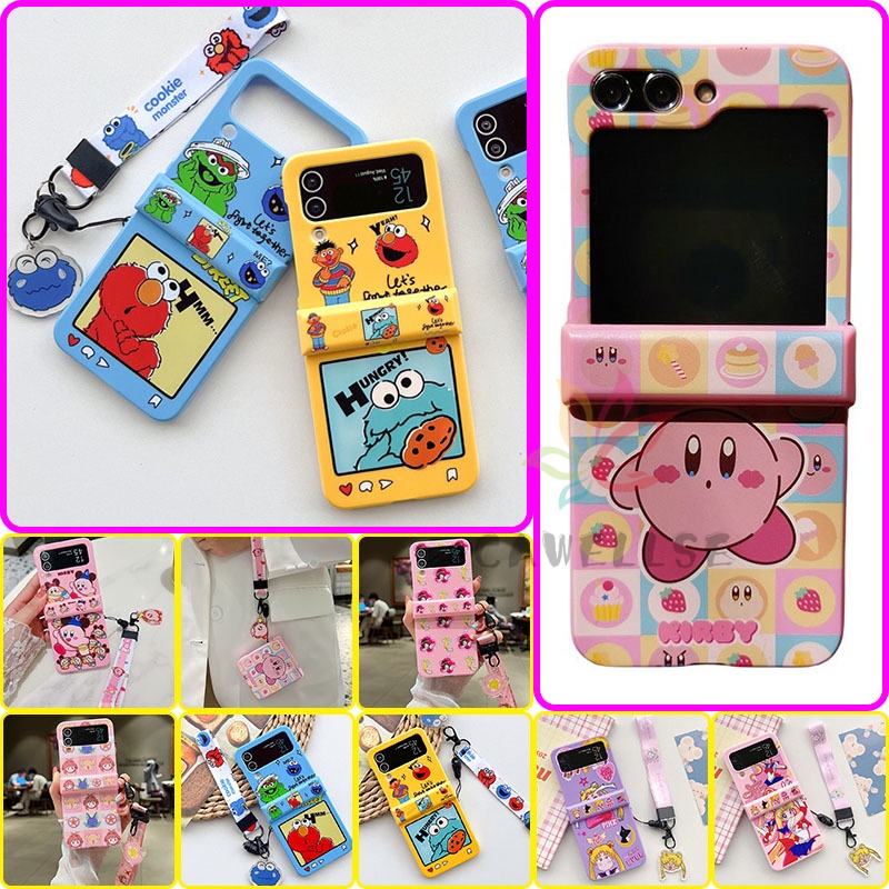 ปลอกป้องกันบานพับสีลูกกวาด Samsung Galaxy Z Flip 6 Z Flip 5 4 Catoon Case พร้อมสายรัดข้อมือ Hard PC ฝาหลังพร้อมเชือกเส้นเล็ก