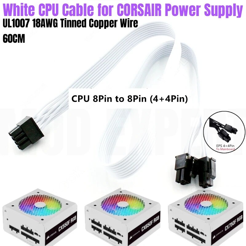 CORSAIR CPU Power สีขาวสาย PSU 8Pin ถึง 4 + 4Pin EPS 12V สําหรับ CX550F CX650F CX750F RGB Modular Po
