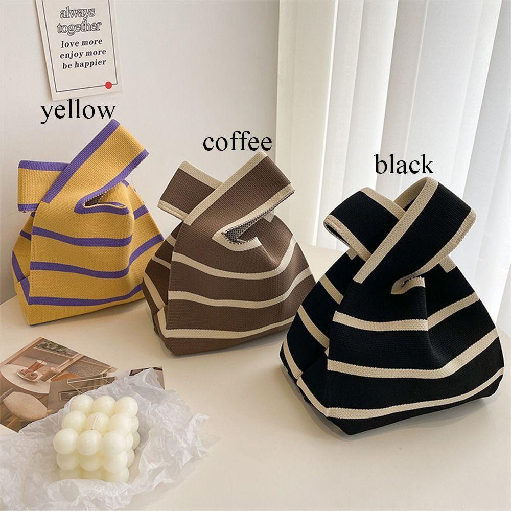 HOBBYIN Knit Handbag Reusable Casual Wide Stripe Handmade Plaid Tote Bag