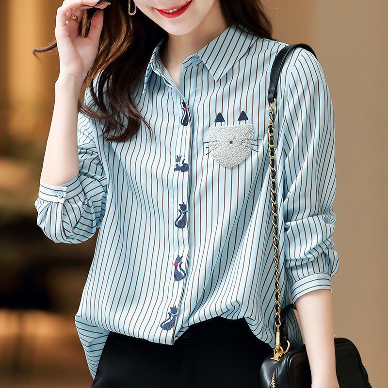 เสื้อเชิ้ต ปักลายทาง ติดกระดุม แบบเรียบ สําหรับผู้หญิง