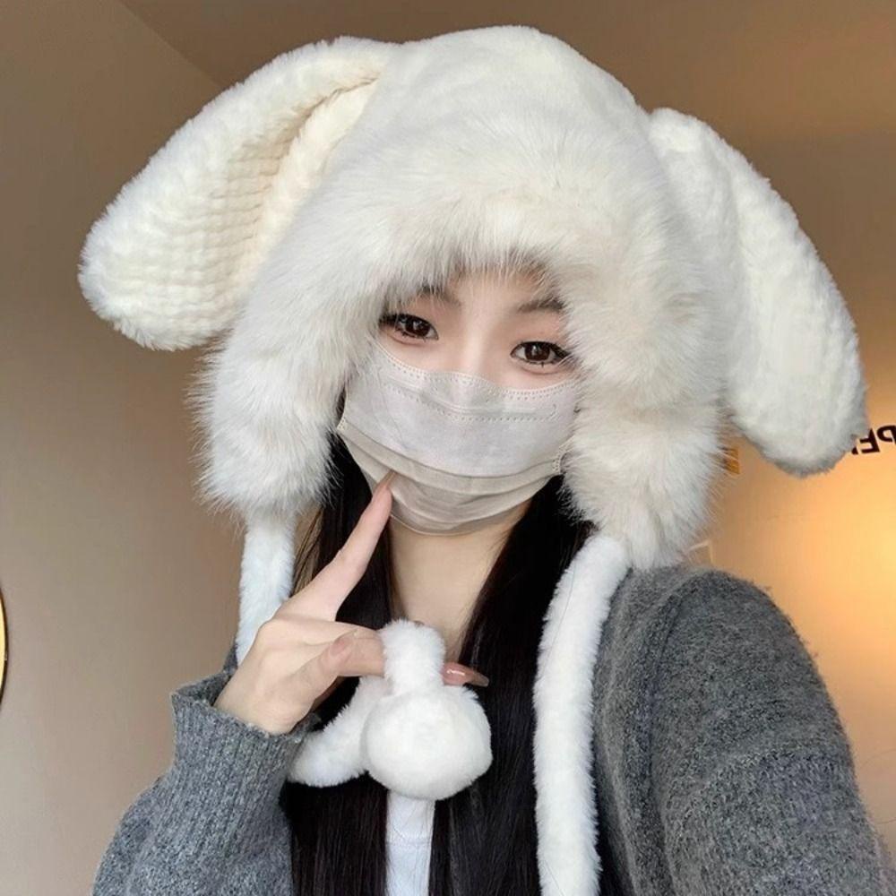 หมวกบักเก็ต ผ้าวูล แบบหนา แต่งหูกระต่ายน่ารัก ให้ความอบอุ่น แฟชั่นฤดูหนาว สําหรับผู้หญิง