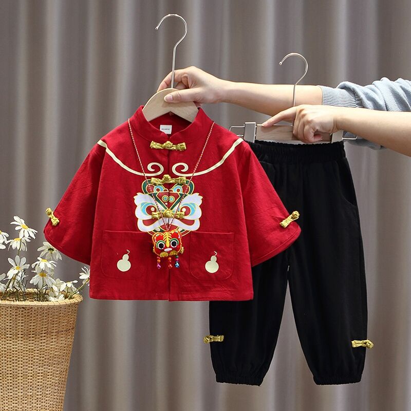 เด็กชาย Tang Suit Hanfu เสื้อผ้าปีใหม่เสื้อผ้าปีใหม่สมบัติชายจับ Zhou Yan ชุดฤดูใบไม้ผลิและฤดูใบไม้ร่วงทารก Tang Suit เด็กสไตล์จีนเด็กชาย Hanfu เด็กหญิงชุดปีใหม่ฤดูร้อน