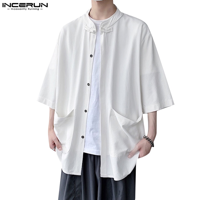 Incerun เสื้อเชิ้ตแขนยาว กระดุมแถวเดียว สีพื้น สไตล์เกาหลี สําหรับผู้ชาย