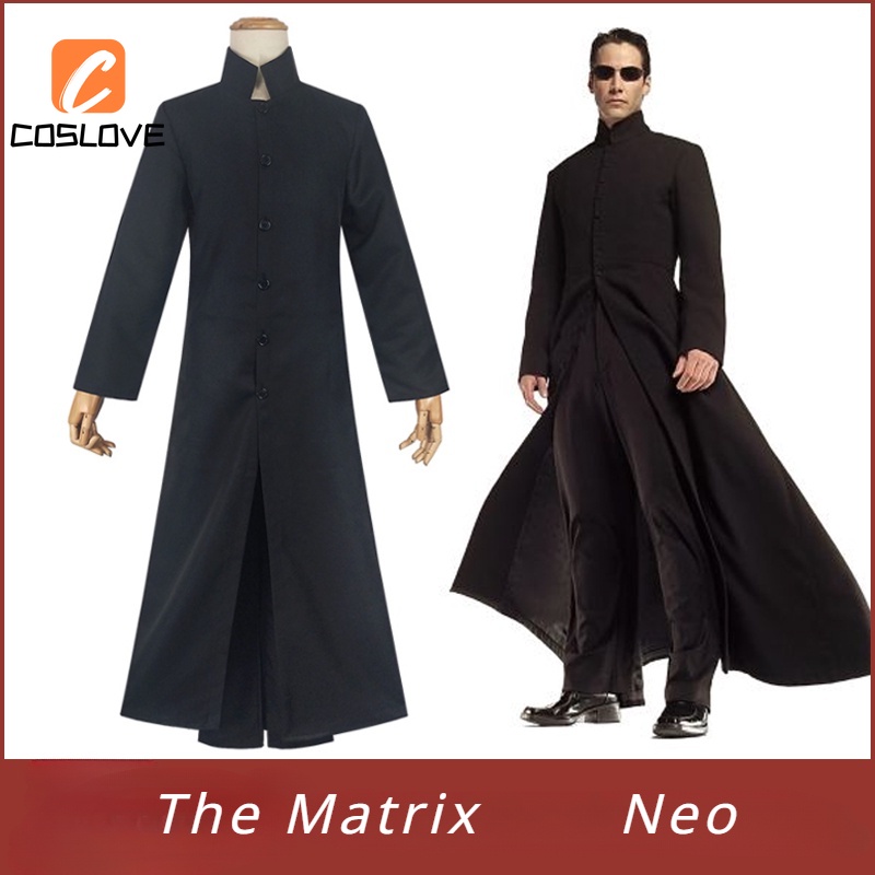 เสื้อคลุมยาว คอสเพลย์ The Matrix Neo สีดํา สําหรับผู้ชาย ใส่ไปปาร์ตี้ฮาโลวีน