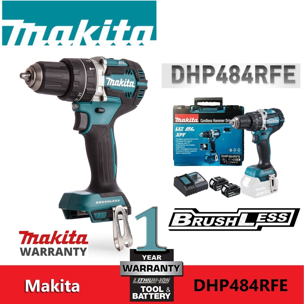 MAKITA รุ่น DHP484RFE สว่านกระแทกไร้สาย 18V ขนาด 13มม. 1/2นิ้ว BL Motor พร้อมชุดแบตเตอรี่ 3ah 2ก้อน