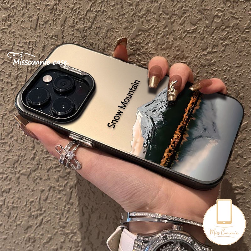 เคสโทรศัพท์มือถือคู่รัก แบบโลหะชุบนิ่ม กันกระแทก ลายภาพวาดสีน้ํามัน รูปภูเขาหิมะ ทิวทัศน์ พระอาทิตย์ตก สําหรับ IPhone 7 8 Plus 15 11 14 12 13 Pro Max 14 15 Plus X XR XS Max