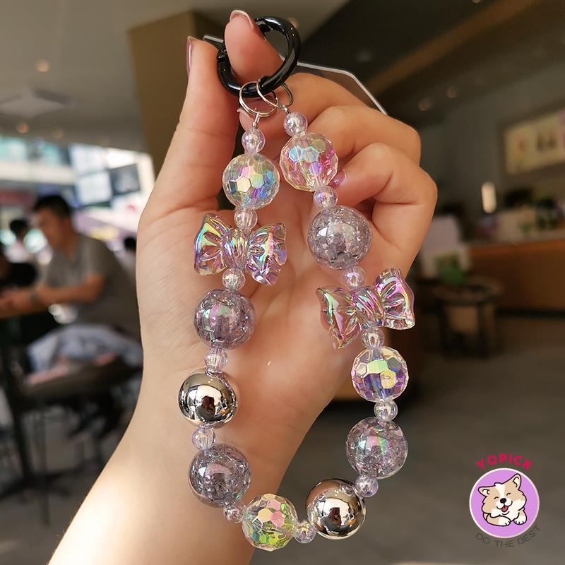 สายคล้องข้อมือ ประดับลูกปัดคริสตัล หลายหน้า สําหรับห้อยโทรศัพท์มือถือ