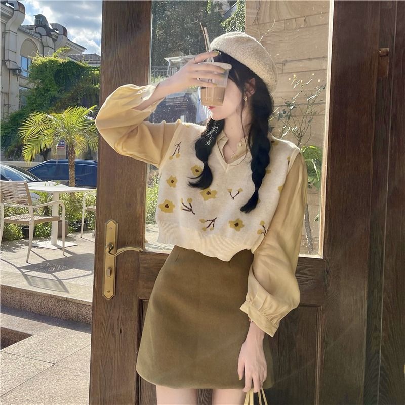 Xiao2 25563สไตล์ญี่ปุ่นวินเทจแขนกุดแบบสั้นเสื้อสเวตเตอร์ถักเสื้อกั๊กขนาดเล็กเสื้อกั๊กผู้หญิงรุ่นใหม่ผ้าไหมเย็น MC หญิง u1yv