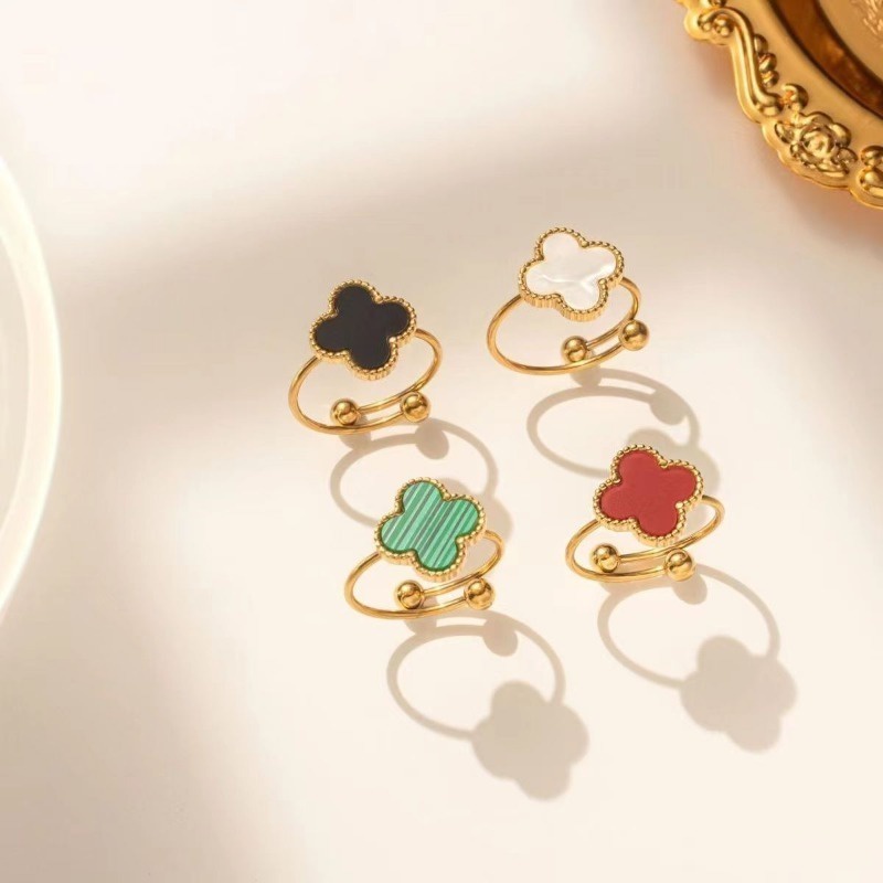All-match Lucky Small FreshMulticolor Four-Leaf Cloverปรับเปิดแหวนชุบ18K Goldประณีตแหวนคลาสสิก
