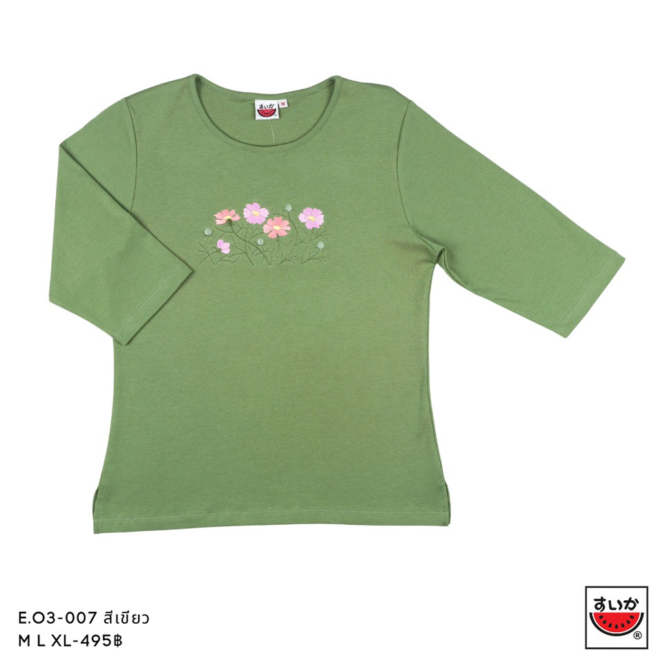 แตงโม (SUIKA) -  เสื้อคอกลม  ลายดอกไม้ แขนสามส่วน (E.O3-007)