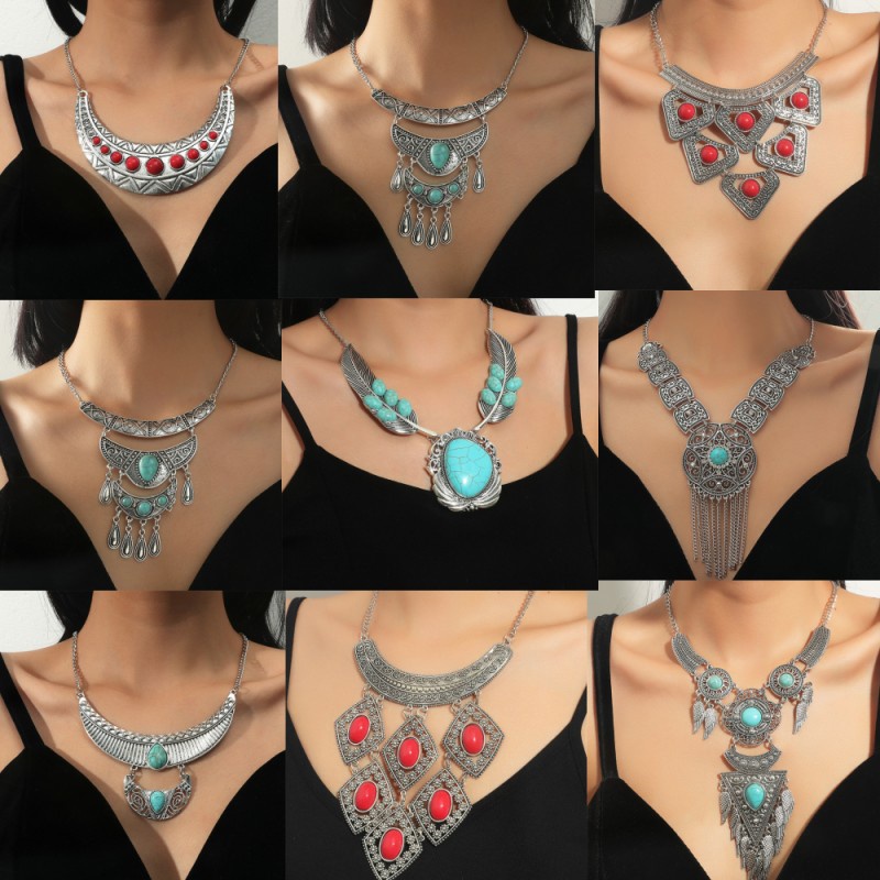 1PCS Vintage Turquoise สร้อยคอเนปาลโลหะผสม Electroplated สร้อยคอเครื่องประดับสําหรับเครื่องประดับผู้