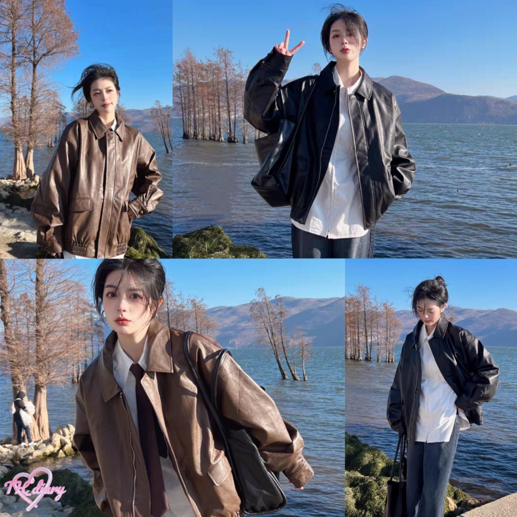 (จัดส่งจากกรุงเทพฯ) ฤดูใบไม้ร่วงรูปแบบใหม่ เสื้อผ้าผู้หญิงสไตล์เกาหลี อเมริกันหลวม แจ็คเก็ตหนังมีสไตล์（Q173）