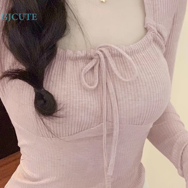 Gjcute เสื้อยืดลําลอง แขนยาว คอสี่เหลี่ยม ผูกโบว์ แบบเข้ารูป สีหวาน สําหรับสตรี WTD