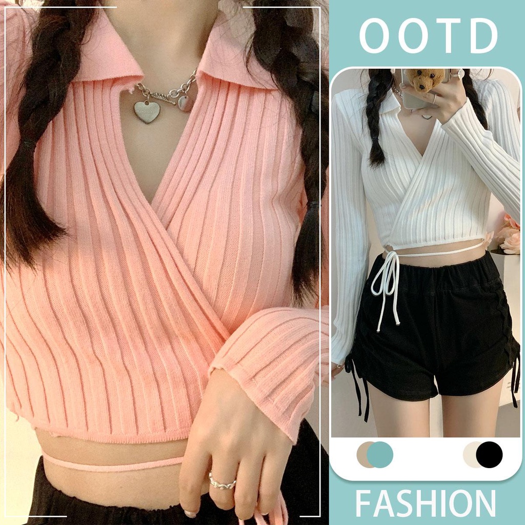 mimi&didi เสื้อครอปสายฝอ เสื้อไหมพรมแขนยาวเอวลอย สีชมพูน่ารัก คอวี แฟชั่นสไตล์เกาหลี พร้อมส่ง#51934