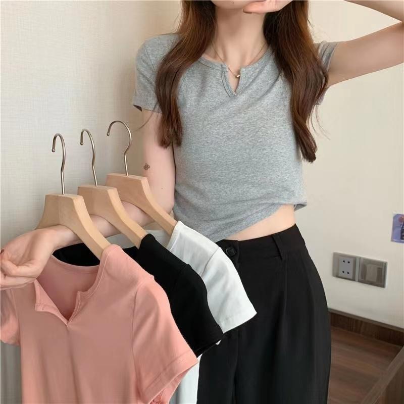 029 พร้อ​มส่ง​​ เสื้อผ้าผู้หญิง สี เสื้อยืดสตรีคอวีแขนสั้นสีพื้นอเนกประสงค์แฟชั่น
