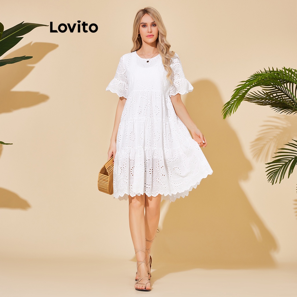 Lovito ชุดเดรสผู้หญิง มีซับใน ผ้าแต่งชั้น สีพื้น สไตล์โบโฮ LBL06011 (สีขาว)